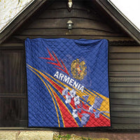 Blue quilted Armenia flag blanket displayed indoors