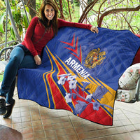Blue quilted Armenia flag throw blanket draped on outdoor seating