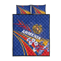 Blue quilt bed set with Armenia crest and graphic flag rays; matching pillow pair