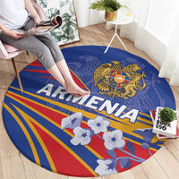 Round blue carpet featuring Armenia eagle crest, “ARMENIA” text, and red-yellow stripes
