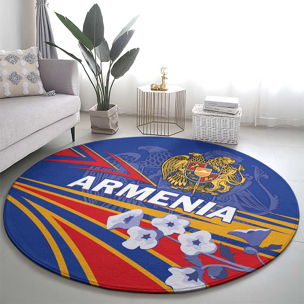 Round blue rug with Armenia crest, “ARMENIA” lettering, and bold red-yellow stripes