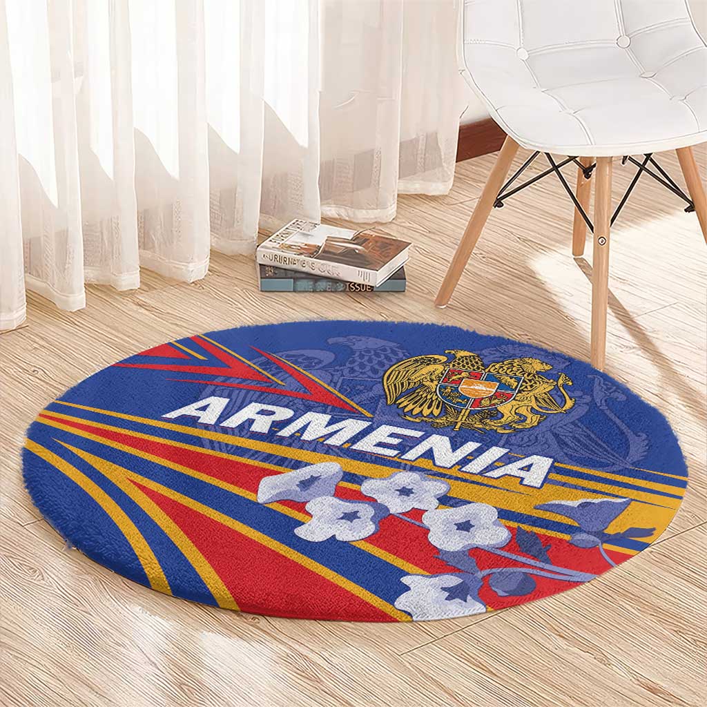 Round blue rug with Armenia eagle crest, “ARMENIA” text, and red-yellow stripe pattern