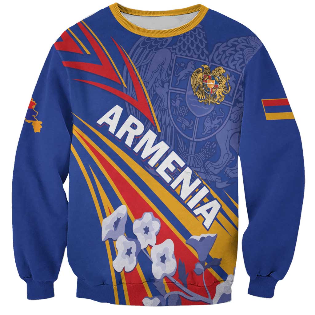 Blue unisex sweatshirt with Armenia front graphic, crewneck, ribbed cuffs and hem.