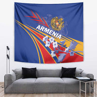 Blue Armenia tapestry wall hanging with crest, sun rays, and red map scene