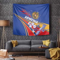 Blue Armenia tapestry wall hanging with crest, sweeping rays, and red center design