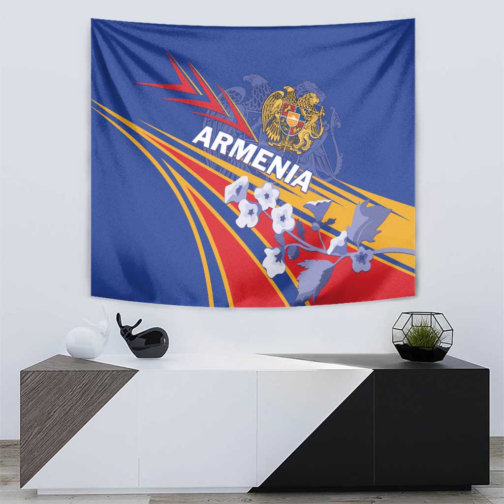 Blue rectangular Armenia tapestry wall hanging with crest emblem and radiating stripe design