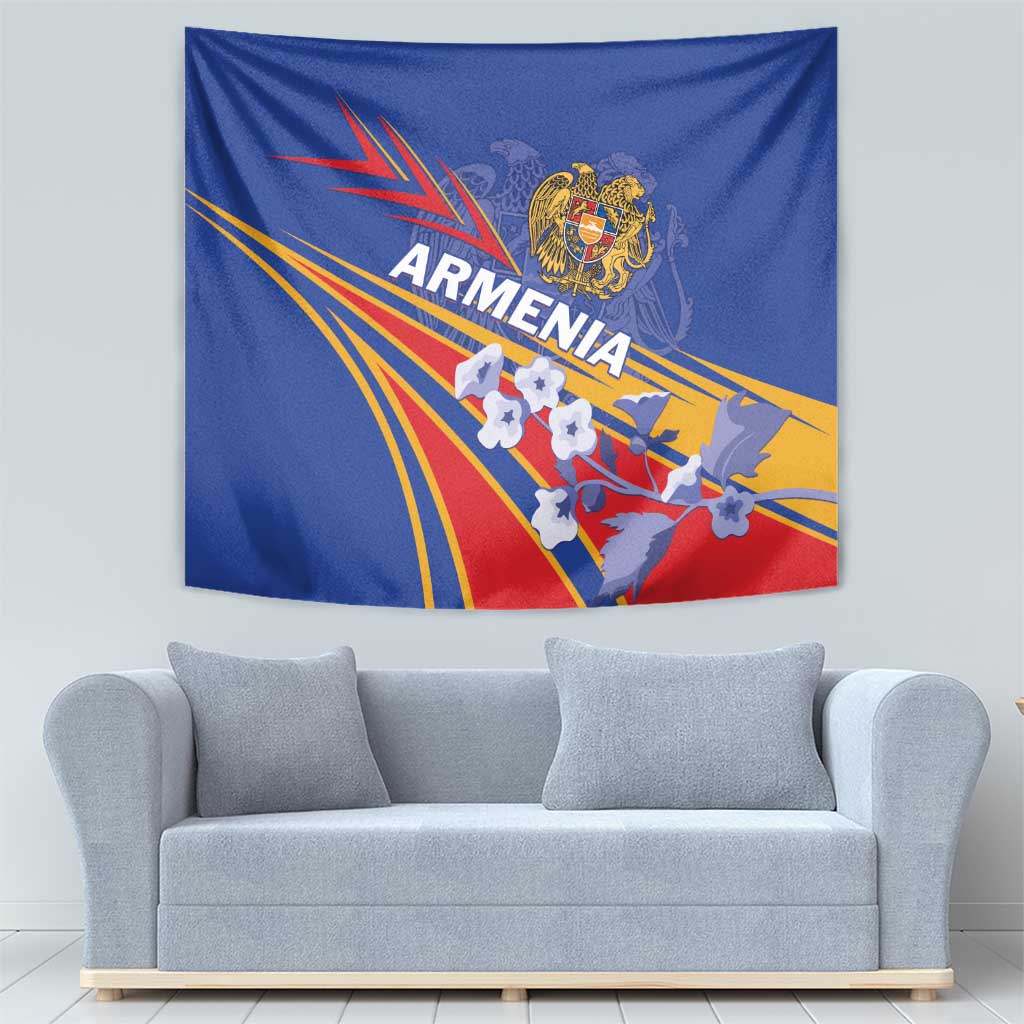 Blue Armenia tapestry wall hanging with crest, flowing rays, and red base artwork
