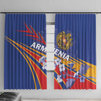 Blue Armenia-themed curtain panels with pleated top and crest over colorful diagonal stripes