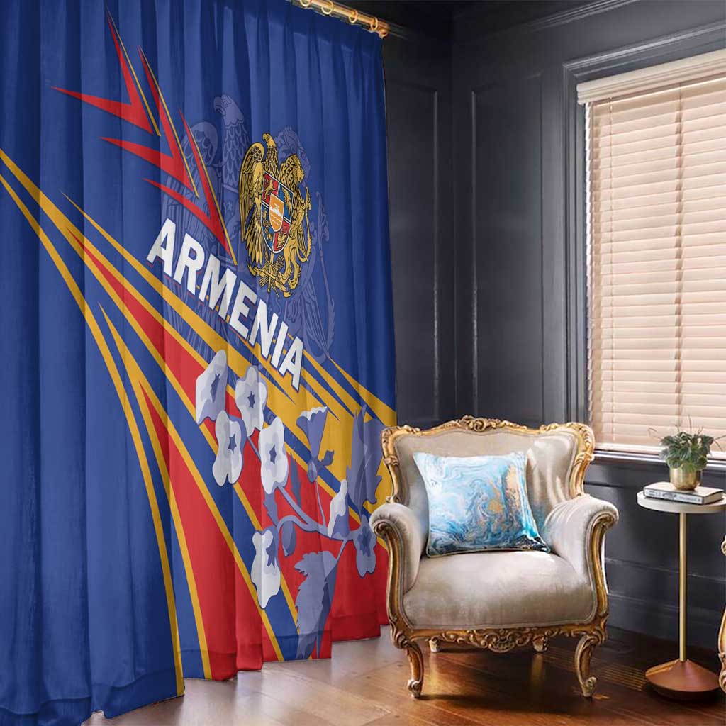 Blue Armenia-themed window curtain panel with crest and diagonal stripe flag design