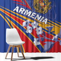 Blue Armenia-themed window curtain panel close-up with text, crest, and flag colors