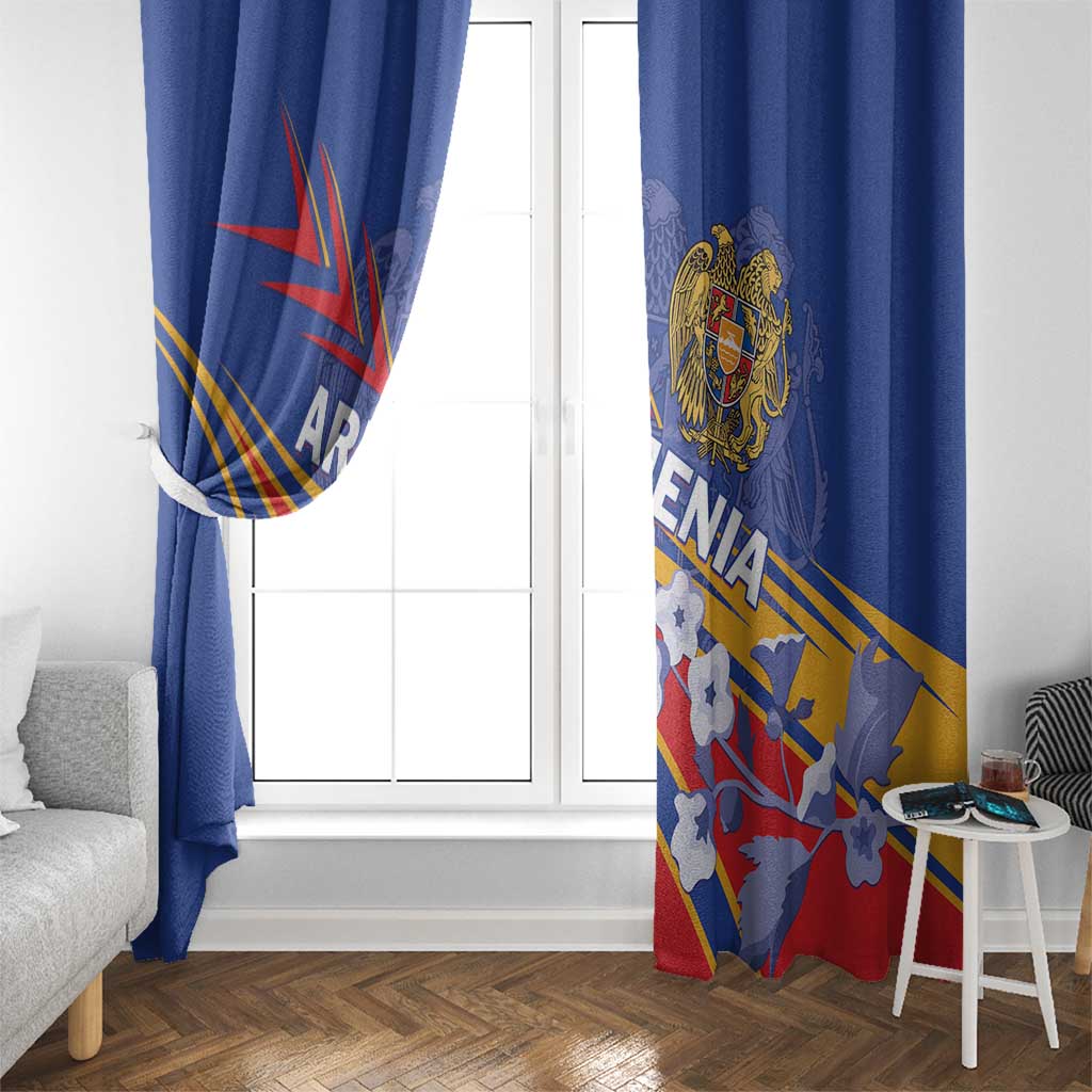Blue Armenia-themed window curtain pair with crest, diagonal stripes, and flag pattern
