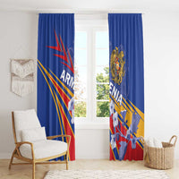 Blue Armenia-themed curtain panels with crest and “Armenia” text over flag stripes