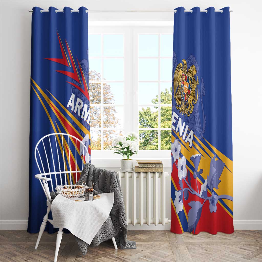 Blue Armenia-themed curtain panels with rod hooks and crest emblem on diagonal flag design