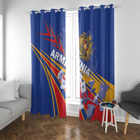 Blue Armenia-themed curtain panels with top grommets and crest on diagonal flag stripes
