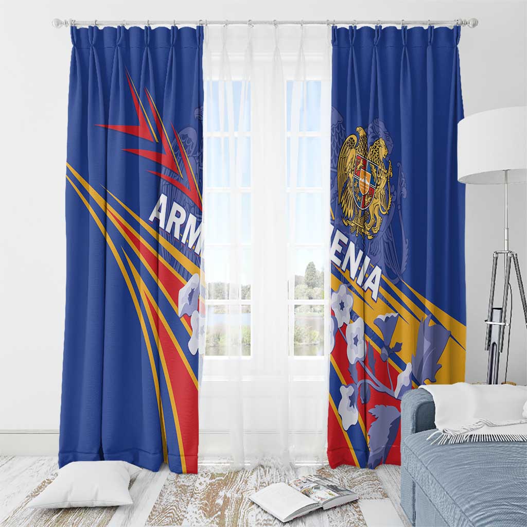 Blue Armenia-themed curtain panels with crest emblem and diagonal flag stripe artwork