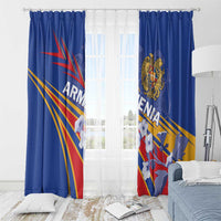 Blue Armenia-themed curtain panels with crest emblem and diagonal flag stripe artwork