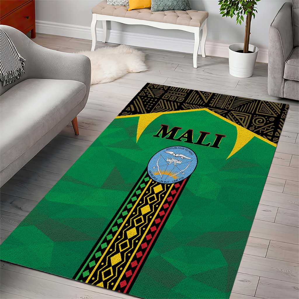 Green Mali area rug featuring black pattern border and large “MALI” text