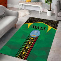 Green Mali area rug featuring black pattern border and large “MALI” text