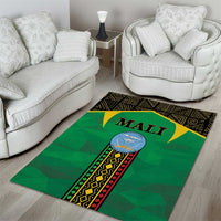 Green Mali area rug with “MALI” lettering and black geometric edging