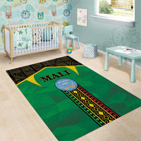Green Mali area rug with black border pattern, central crest, and “MALI” text