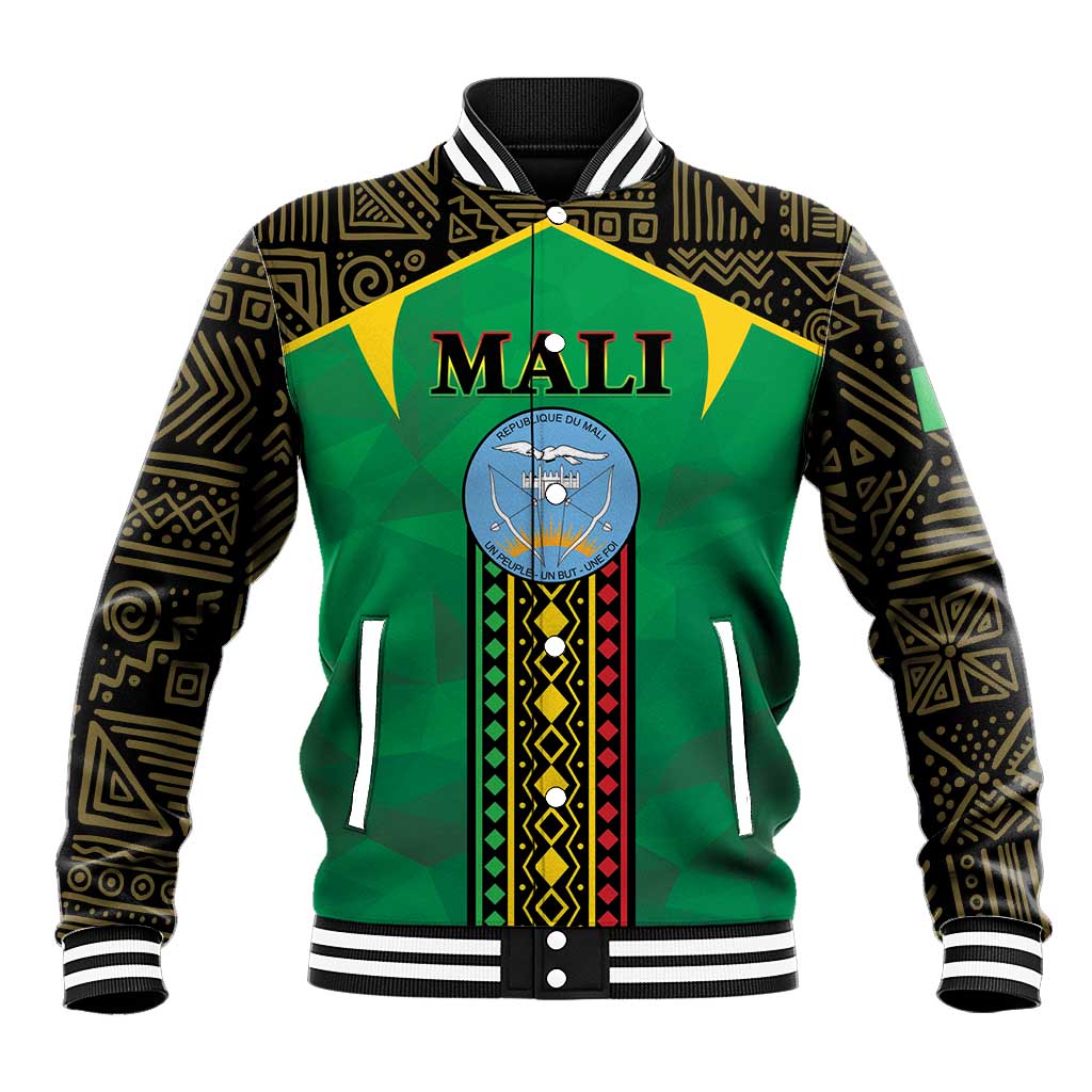 Unisex green baseball jacket with black patterned sleeves, ribbed collar, front 'MALI' crest