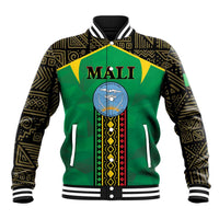 Unisex green baseball jacket with black patterned sleeves, ribbed collar, front 'MALI' crest