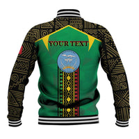Unisex green baseball jacket with black geometric sleeves, ribbed collar, back 'YOUR TEXT'