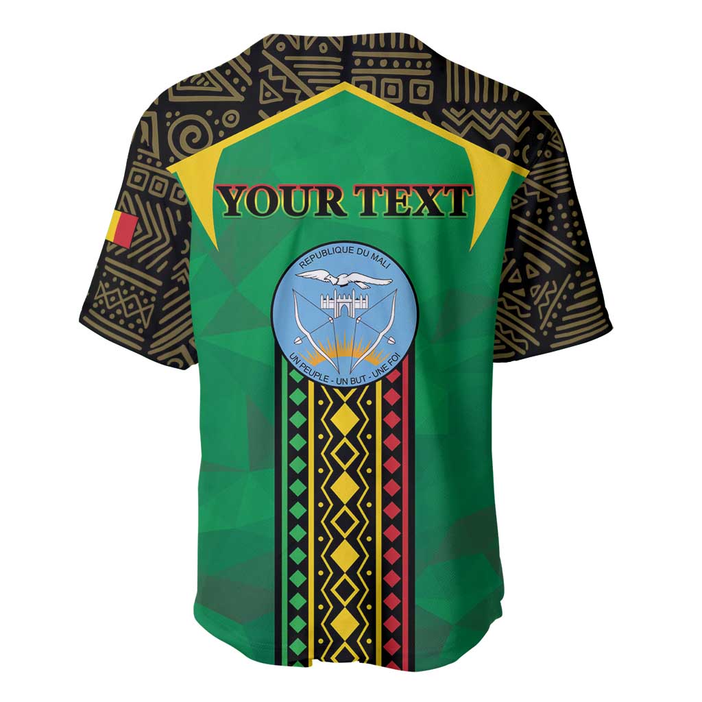 Green baseball jersey back with patterned sleeves, crest and customizable 'YOUR TEXT'