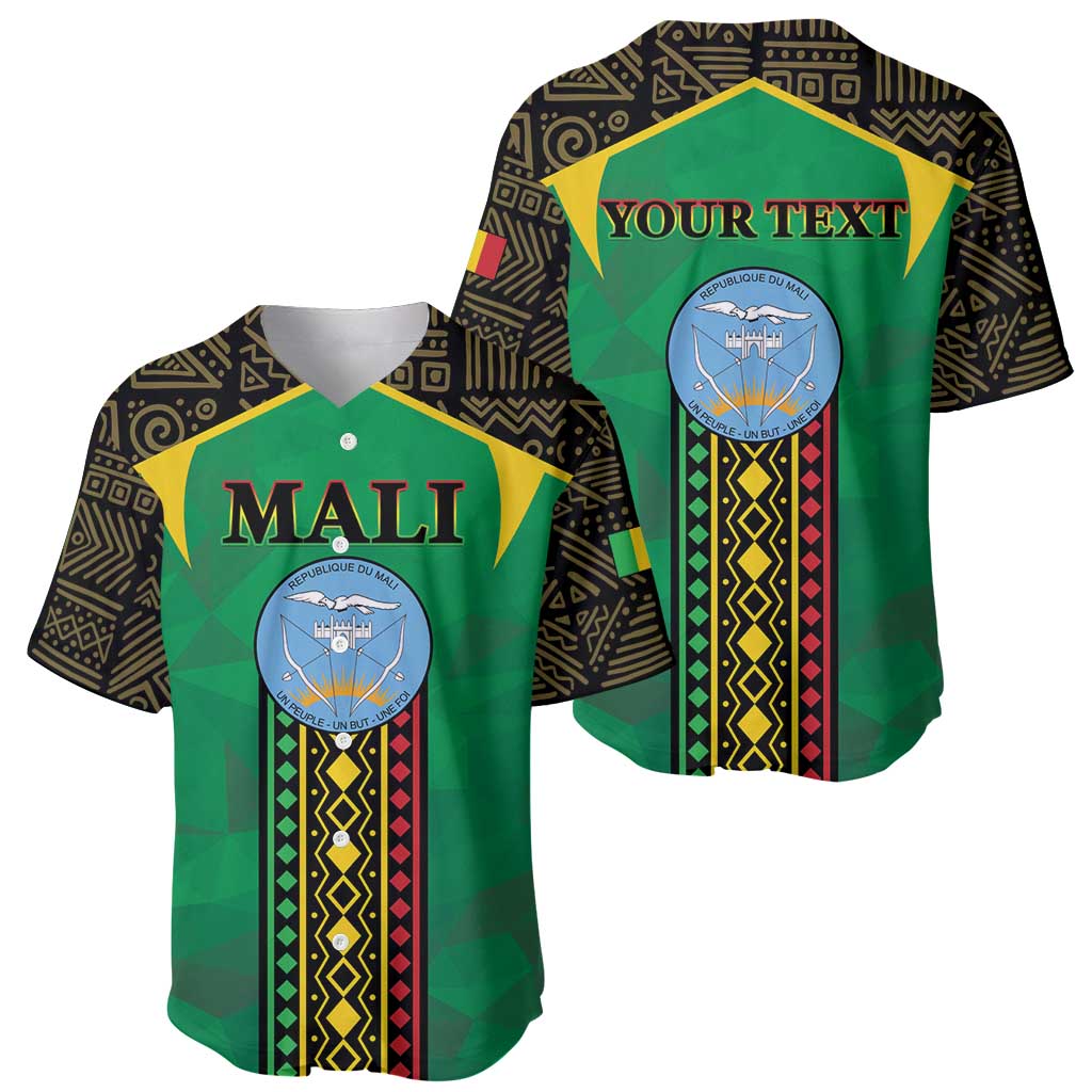 Green baseball jersey shown front and back; patterned sleeves, crest, Mali and 'YOUR TEXT'