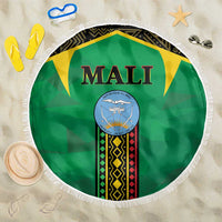 Green round beach blanket with Mali emblem, white fringe edge, 150cm diameter