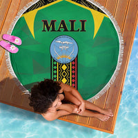 Green round beach blanket with Mali logo and white tassel fringe, 150cm