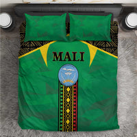Green bedding set with Mali emblem center panel, yellow shield, and two matching pillowcases