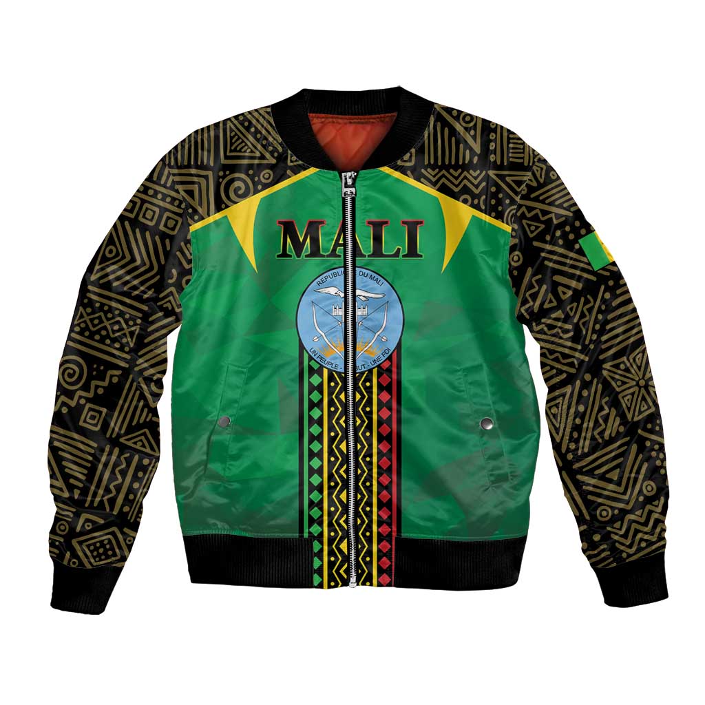 Green unisex bomber jacket with zip front, patterned sleeves, and Mali graphic crest
