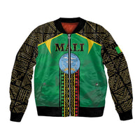 Green unisex bomber jacket with zip front, patterned sleeves, and Mali graphic crest