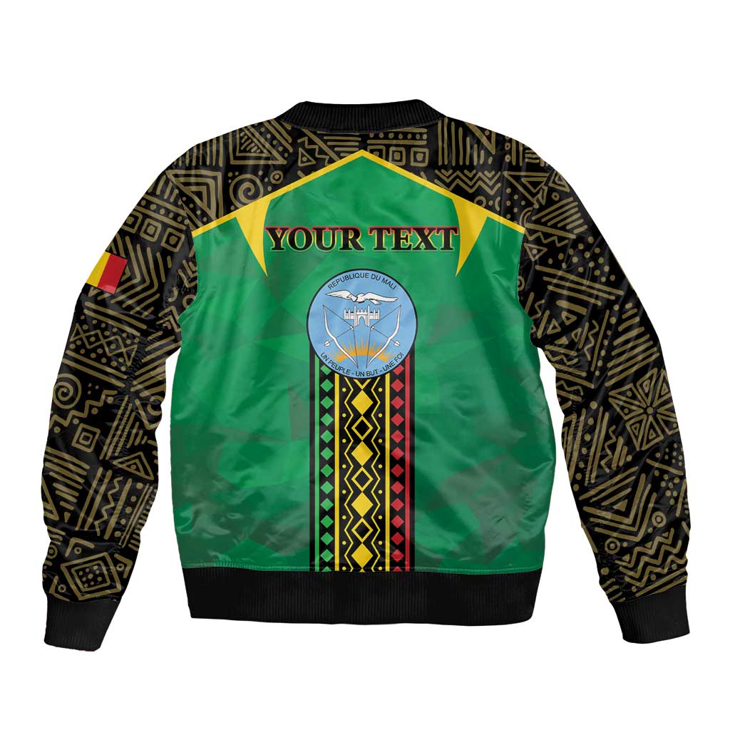 Green bomber jacket with back graphic, patterned sleeves, and ribbed collar and cuffs