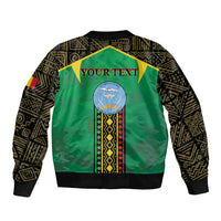 Green bomber jacket with back graphic, patterned sleeves, and ribbed collar and cuffs