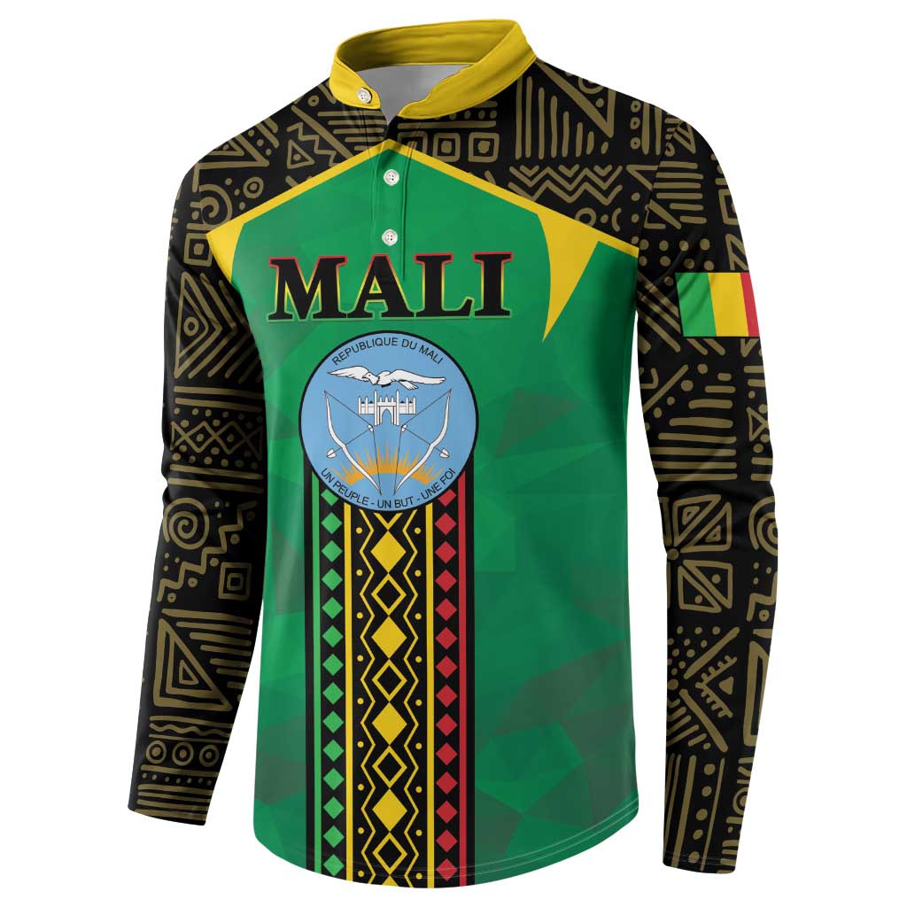 Green button sweatshirt with yellow collar, black patterned sleeves, Mali emblem front