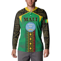 Green button sweatshirt on model, yellow collar, Mali graphic front with patterned sleeves