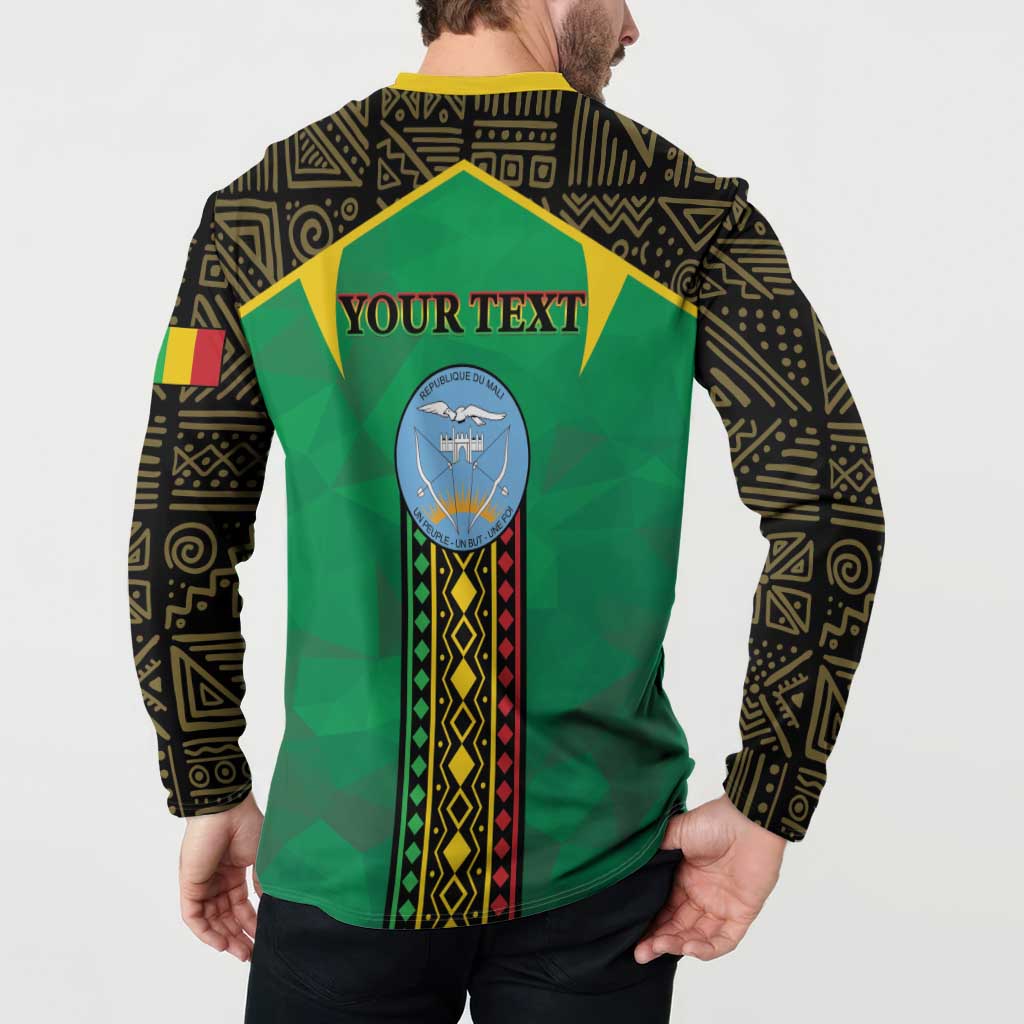 Green button sweatshirt with yellow collar, black patterned sleeves, back reads "YOUR TEXT"