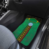 Green front seat car floor mat with geometric pattern and central stripe runner
