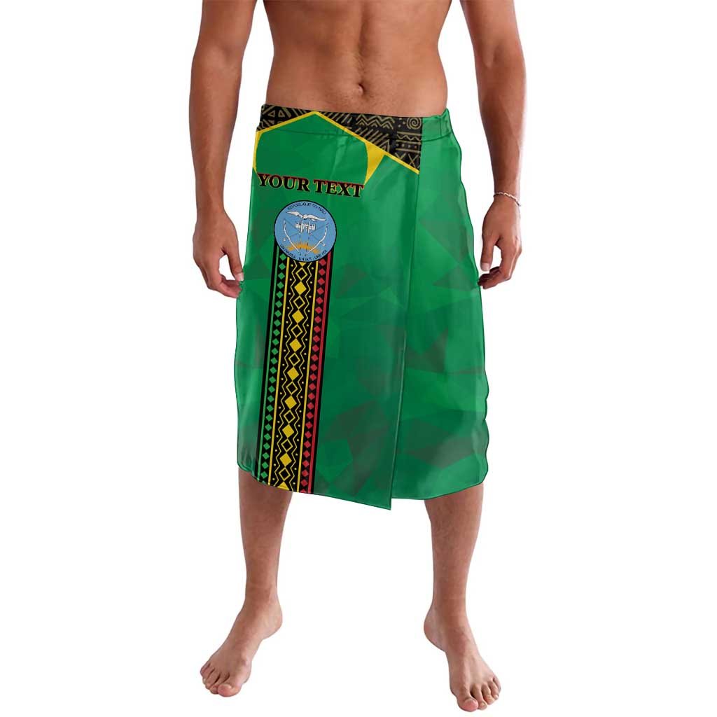 Green wrap skirt with patterned waistband and vertical stripe graphic, side drape