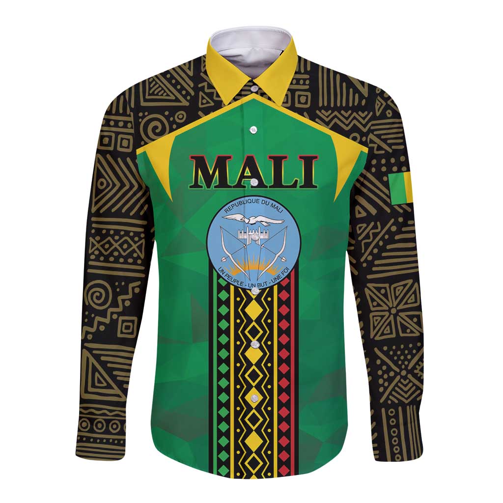Long-sleeve button shirt, green with yellow collar and Mali graphic front