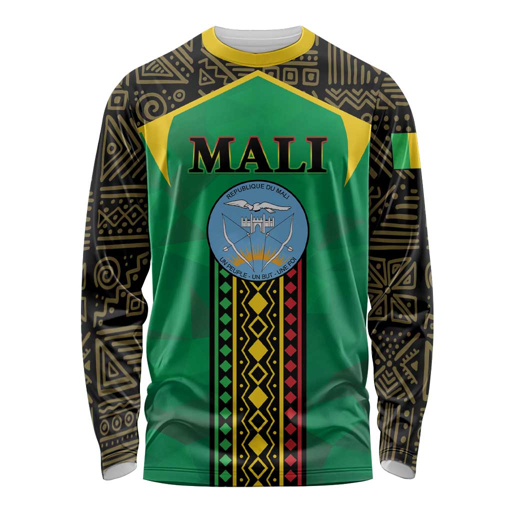 Unisex green long sleeve shirt with Mali logo and geometric pattern sleeves, yellow trim