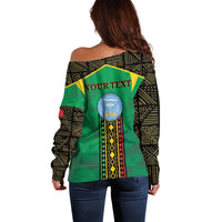 Green off-shoulder sweater with patterned sleeves and back “YOUR TEXT” print