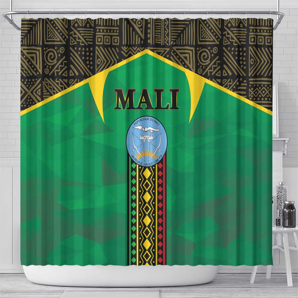 Mali-themed shower curtain, green with Mali crest emblem and gold-trim pattern