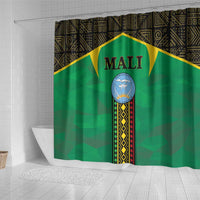 Mali-themed shower curtain with green panels, Mali crest and black-gold trim top