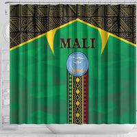 Mali shower curtain, green with large Mali crest emblem and geometric black-gold border