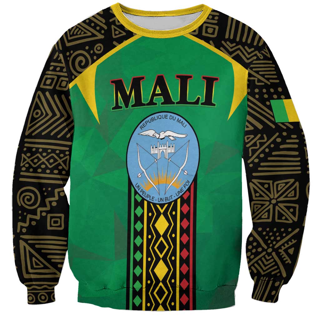 Unisex green Mali sweatshirt with black patterned sleeves and large front crest graphic