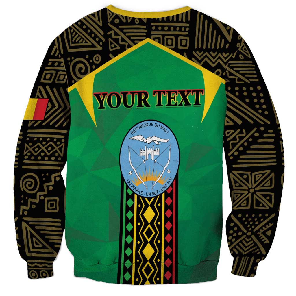 Unisex green Mali sweatshirt, back shows crest emblem with 'YOUR TEXT' and patterned sleeves