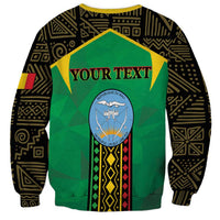 Unisex green Mali sweatshirt, back shows crest emblem with 'YOUR TEXT' and patterned sleeves